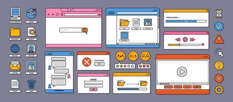 Retro 90s interface elements. Vaporwave old user desktop with aesthetic computer UI icons and objects. Digital PC buttons, dialog boxes, bar, folder, window. set vector