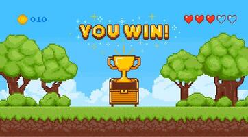 Pixel game art scene with chest. Retro 8 bit win background. Arcade interface with open chest, treasure, cup and stars. Computer game victory. computer banner vector