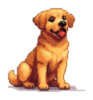 Dog pixel art. Labrador golden retriever cute puppy, 8 bit pixel style. game retro pixelated dog mascot, small friendly dog avatar. Playful meme character. Isolated illustration vector