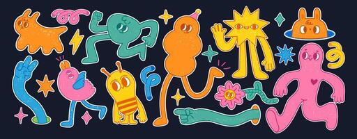 Funny abstract characters. Cartoon comic shape with faces and different emotions. Retro funky strange animal, flower. Amorphous psychedelic character set vector