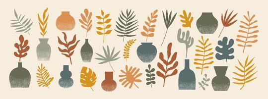 Abstract plants and vase shapes. Organic floral home interior elements. Aesthetic minimal foliage, palm tree leaves and elegant vase for design template. boho textured botanical set. vector