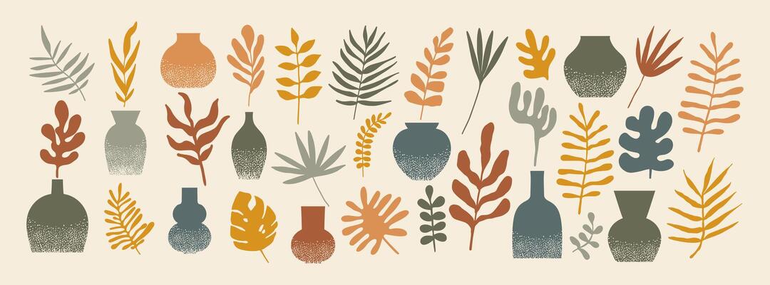 Abstract plants and vase shapes. Organic floral home interior elements. Aesthetic minimal foliage, palm tree leaves and elegant vase for design template. boho textured botanical set.