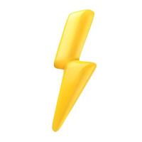 3D thunderbolt. Yellow Lightning sign. Realistic 3d lightning electric flash in plastic cartoon style. Danger and power icon isolated on white. Powerful charge illustration vector