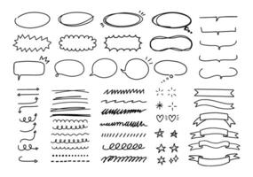 Doodle scribble. Sketch line frames and elements. Underline shapes, speech bubble, paint ink emphasis. Simple handwriting ribbons, stars, arrows. Hand drawn kids doodles, graffiti strokes set vector