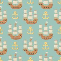 seamless pattern on the theme of sea travel with sailing ships. Sea objects on background in retro style. vector