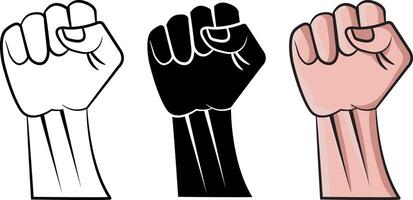Set of raised fists in colour, back and white and white and black vector