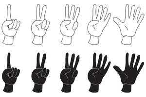 Set of Hands with fingers counting One to Five in Black and white, white and black and black stoke on transparent isolated on a white or white background vector
