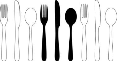 Knife Fork and Spoon set in black silhouette, transparent with black outline and white fill with black outline isolated on white vector