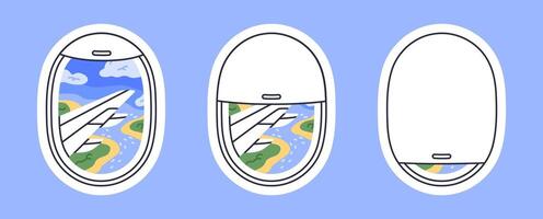 Plane portholes. Flying aircraft open and closed airplane windows, sky with clouds plane window view flat illustration set. Airplane skyscapes views vector