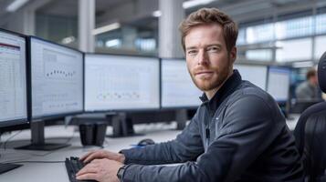 Engineer working on computer with multiple monitors in office photo