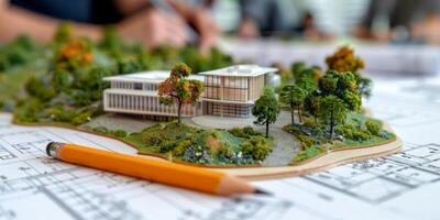 Architect designing sustainable building project using model photo