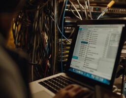 It specialist working on laptop analyzing server status in dark data center room photo