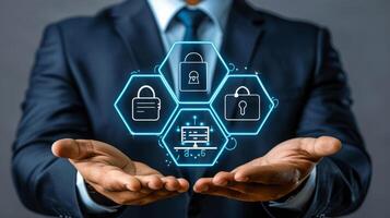Businessman protecting data with digital security system photo