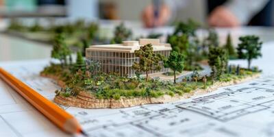 Architects designing sustainable building project using scale model on blueprints photo
