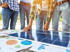 Engineers team discussing about a solar panel project with graphs photo
