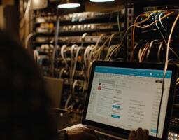 Network engineer working on laptop implementing firewall security photo