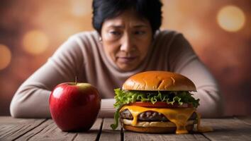Decisions at the Table. Nutritious Apple or Junk Food Hamburger photo