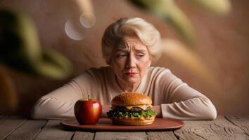 Decisions at the Table. Nutritious Apple or Junk Food Hamburger photo