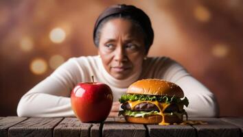 Decisions at the Table. Nutritious Apple or Junk Food Hamburger photo