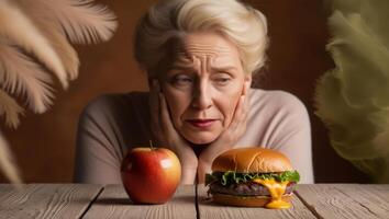 Decisions at the Table. Nutritious Apple or Junk Food Hamburger photo