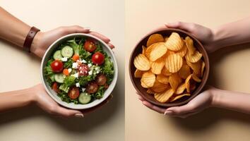 Healthy Salad vs Tempting Chips photo