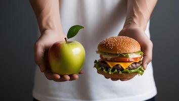 Decisions at the Table. Nutritious Apple or Junk Food Hamburger photo