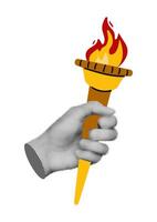 Halftone hand holding torch with burning fire trendy collage element. Modern retro illustration isolated on transparent background vector