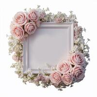 A dreamy white frame adorned with soft pink flowers, capturing the beauty and joy. Blank frame with isolated white background photo