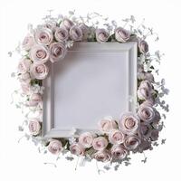 A dreamy white frame adorned with soft pink flowers, capturing the beauty and joy. Blank frame with isolated white background photo