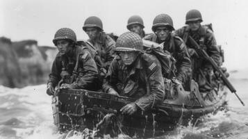American soldiers navigating choppy waters in a landing craft during the d day invasion of normandy in world war ii photo