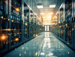 Data center server room flashing lights showing digital information flowing photo