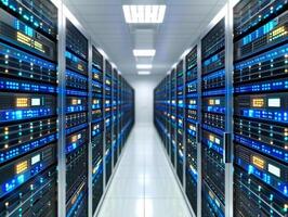 Server room with rows of working computer servers with blinking lights photo