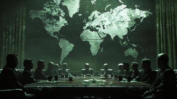 Politicians gathering in a dimly lit room with a world map displayed in the background photo