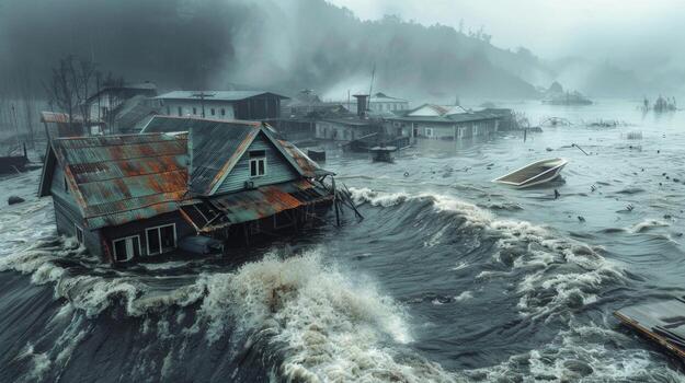 Dark and dramatic scene of a powerful flood destroying a village, illustrating the devastating effects of climate change photo