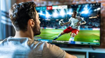 Man relaxing on sofa at home watching football match on tv photo