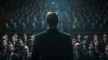 Business professional delivers a speech to a packed conference hall from the stage photo