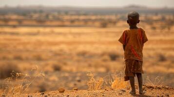 Solitary child gazing at expansive, dry african scenery from a hilltop photo