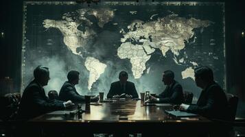 Politicians convene around a table to discuss global strategy while standing in front of a world map photo
