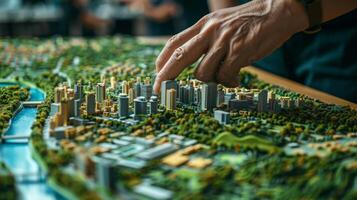 Urban planner is designing a modern sustainable city using a scale model, developing innovative solutions for a greener future photo