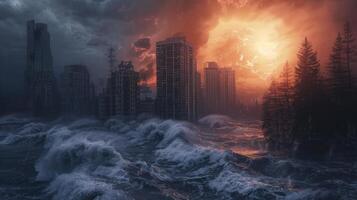 Giant wave destroying a city in a concept of natural disaster photo