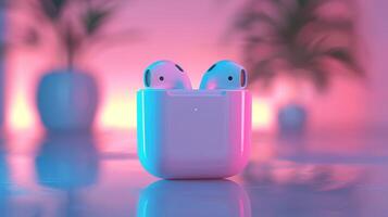 Wireless earbuds in white charging case with colorful sunset reflection photo