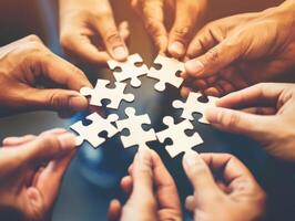 Business team assembling jigsaw puzzle pieces, concept of cooperation photo