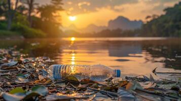 Plastic bottle rests among leaves on the lakeshore, causing environmental pollution at sunset photo