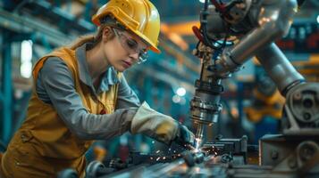 Woman engineer programming a robotic arm for welding in a heavy industrial factory setting photo