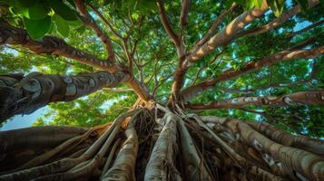 Majestic tree with sunlight filtering through its leaves and branches photo