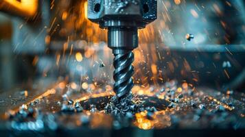 Industrial drill is cutting through metal, generating a cascade of sparks in a workshop photo