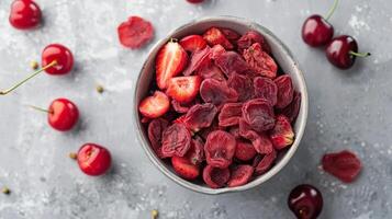 Healthy and delicious snack, a bowl filled with freeze dried strawberries and cherries photo