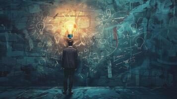 Businessman is looking at glowing light bulb over head and messy chalkboard wall with business strategy sketch, concept of successful idea photo