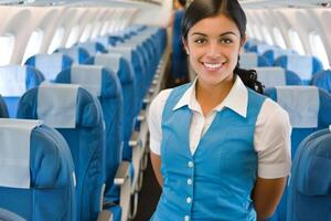 Smiling flight attendant standing in airplane aisle photo