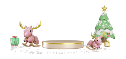3d podium empty with rocking deer, gift box, christmas tree isolated. merry christmas and happy new year, 3d render illustration png